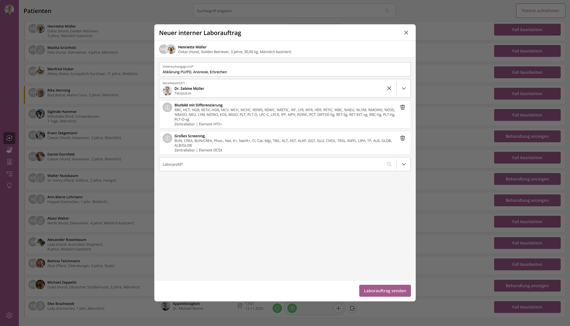 vetOS Laborauftrag – Desktop